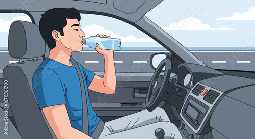 Stay Hydrated Young Man Drinks Water While Driving on A Highway
