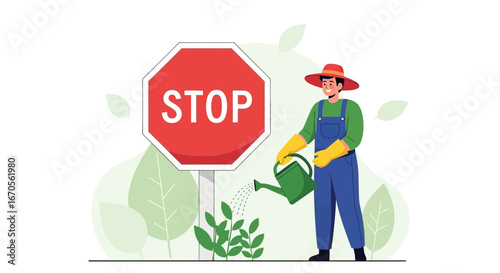 Stop Destruction Grow the Future Conceptual Image Gardener Man Watering