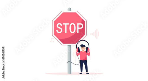 Stop Ignoring Signals: A Man Lost in Music with Oversized Headphones Next to a Stop Sign