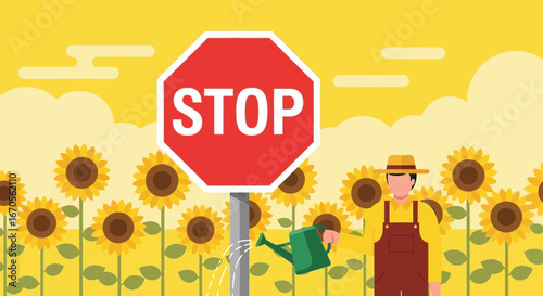 Stop Sign In Sunflower Field With Farmer Watering Against Yellow Background
