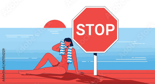 Stop Sign On Beachfront Vacation With Woman Enjoying Sunset View