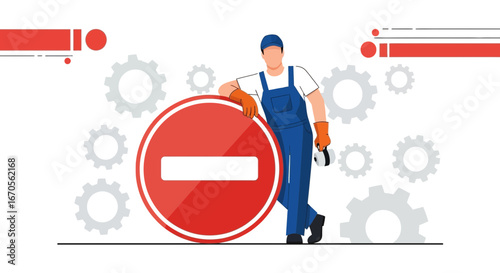 Technical Prohibition Worker Leaning On Red Stop Sign Surrounded By Gears