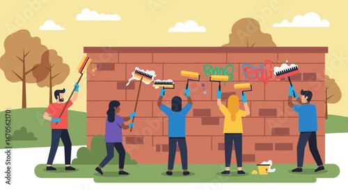 Teamwork Painting Mural Together Outdoors Community Collaboration Project