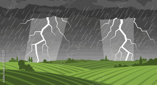 Stormy Landscape With Lightning Bolt Over The Field Bad Weather Concept