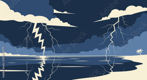 Stormy Evening Over Tropical Ocean Beach With Lightning Illustration