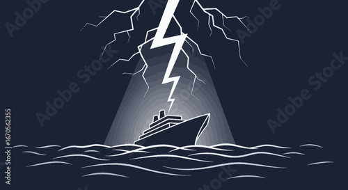 Stormy Night Cruise Ship Sailing Through Dark Ocean Waters With Lightning