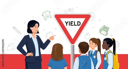 Teacher Explains Road Safety To Students In School Near Yield Sign