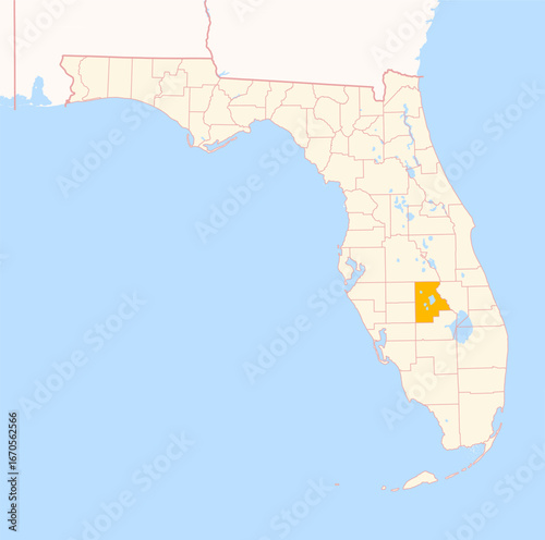 Map of the County Highlands (Florida, US) showing the Federal State with the highlighted County