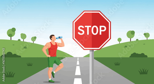 Taking a Break on a Run Near Stop Sign Hydrating on a Sunny Day