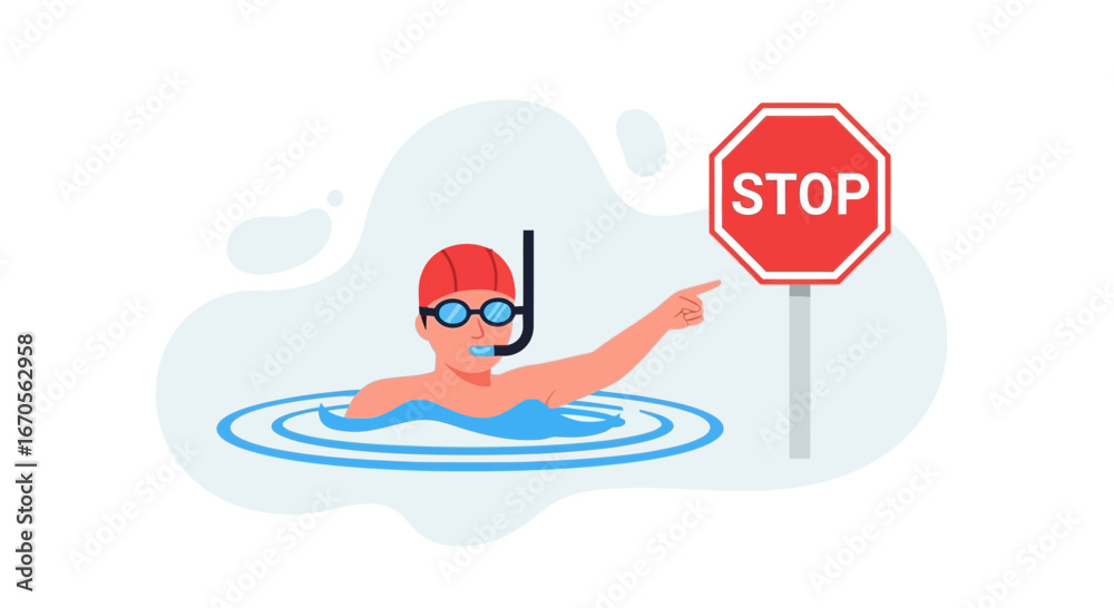 Fototapeta premium Swimmer Indicating Caution With Stop Sign in Aquatic Environment
