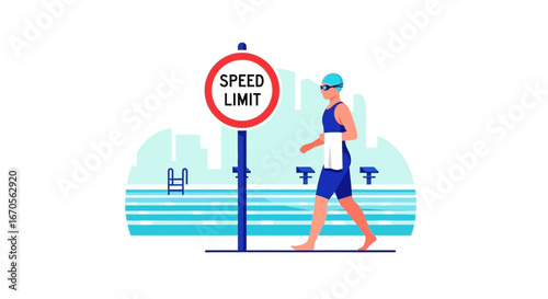 Swimmer Takes a Walk By the Pool After Competition With Speed Limit Sign