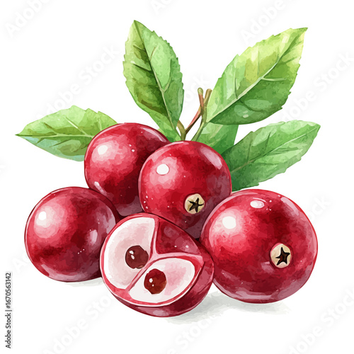 Cranberry Bunch, watercolor illustration vector, isolated on a white background.