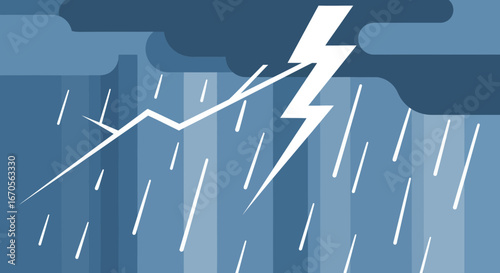 Stormy Weather With Rain And Lightning Strike Illustration In Blue Tones