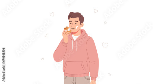 Sweet Moments Young Man Enjoys a Cream Filled Pastry in a Pink Hoodie