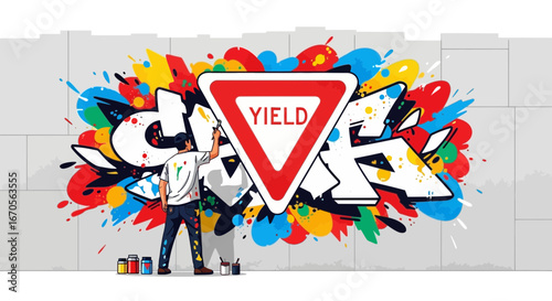 Street artist creating vibrant graffiti with a yield sign, urban art concept at wall