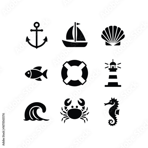 Nautical icons set featuring anchor sailboat seashell fish lifebuoy lighthouse wave crab seahorse