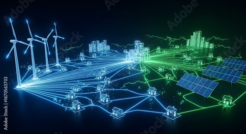 Dynamic energy grid concept with wind turbines, solar panels, and city infrastructure, showcasing sustainable energy solutions for a brighter future
