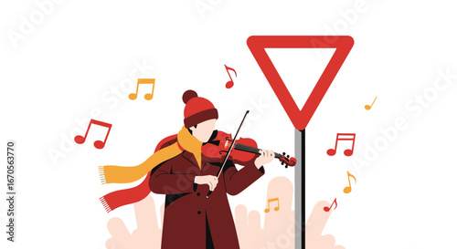 Street Musician Performance With Traffic Sign And Musical Notes Illustration