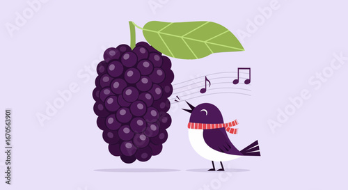 Sweet Harmony Bird Singing to Ripe Blackberry Cartoon Illustration Background Design