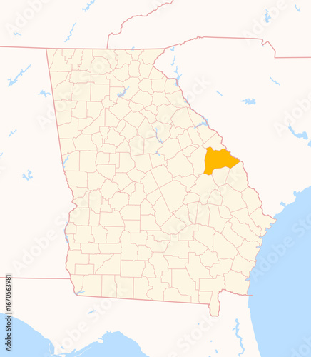 Map of the County Burke (Georgia, US) showing the Federal State with the highlighted County