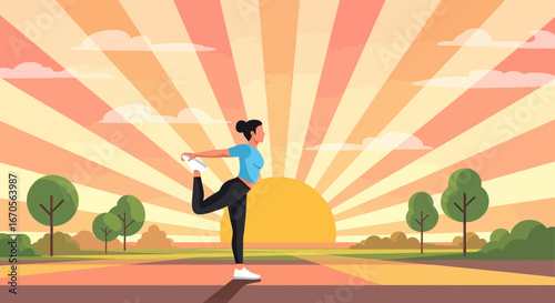 Stretching Routine At Sunrise In Nature Setting For Healthy Lifestyle