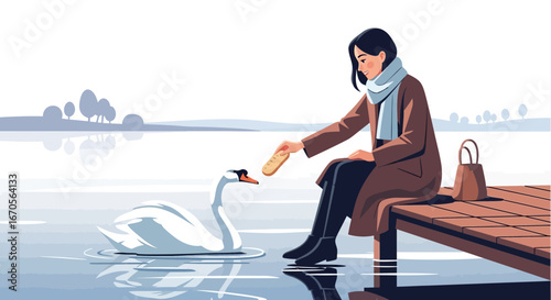 Swan Encounters: Woman Feeding A Bird On A Serene Lakeside Pier Scene