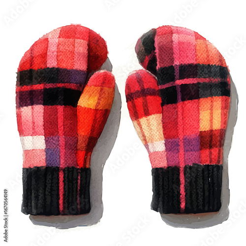 Cozy Woolen Mittens, watercolor drawing vector, isolated on a white background.