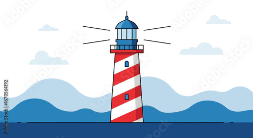 Striking Lighthouse Beacon Guiding Ships Cartoon Illustration At Sea In Minimal Style
