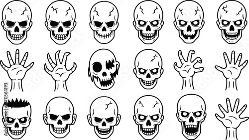 Collection of hand drawn skulls and open hands in black and white