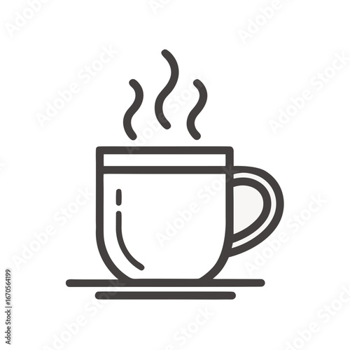 Simple line art illustration of a steaming coffee mug on a saucer