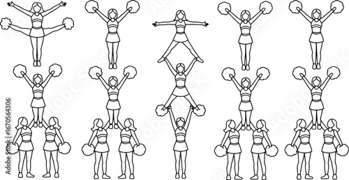 Cheerleaders performing gymnastic stunts and pyramids black and white line art