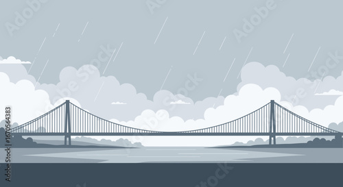 Suspension Bridge Silhouette On A Rainy Day Over Water Vector Illustration