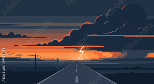 Striking Sunset Road Trip Under Approaching Storm Clouds Illustration