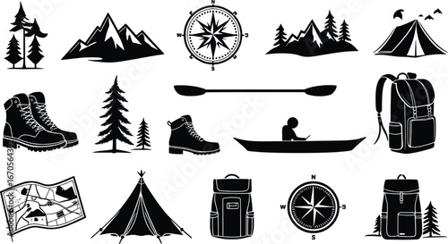 Outdoor adventure icons set featuring mountains tents backpacks and navigation tools