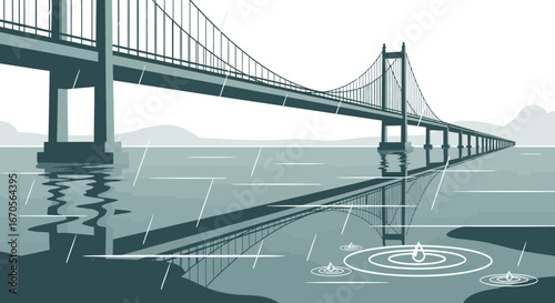 Suspension Bridge Over Calm Water On A Rainy Day Simple Illustration