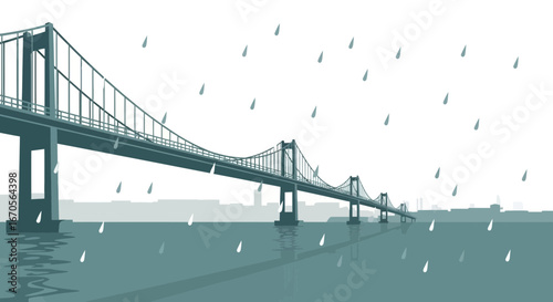 Suspension Bridge On A Rainy Day Minimalist Landscape City Skyline View