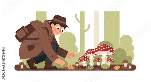 Surprised Hiker Discovers Vibrant Fly Agaric Mushrooms During Forest Exploration