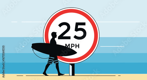 Surfing Speed Limit Illustration Depicting Beach Lifestyle And Coastal Regulations