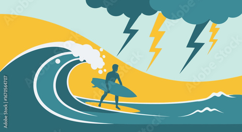 Surfer Riding a Powerful Wave During a Thunderstorm at The Sea