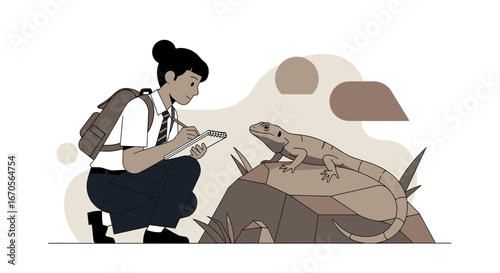 Student Observes a Lizard Taking Notes in the Wild for a School Project