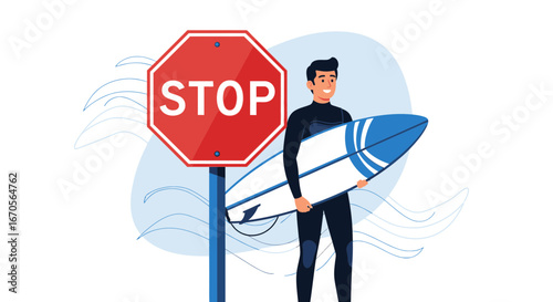 Surfer Holds Board Near Stop Sign Safety In Coastal Waters Concept