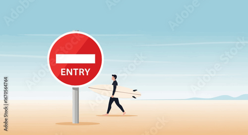Surfer Ignoring Restrictions And Seeking Adventure On A Peaceful Sandy Coastline