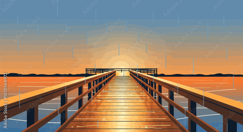 Fototapeta premium Sunset Serenity Wooden Pier Over Calm Water Scenery Under A Rainy Sky