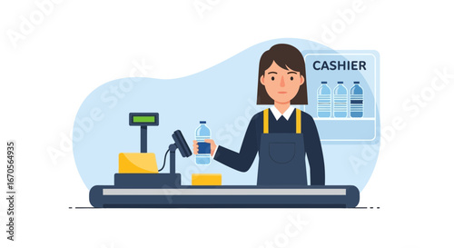 Supermarket Cashier Scanning Purchase At Checkout Counter For Customer Illustration