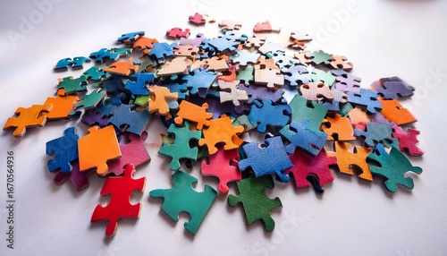 colorful jigsaw puzzle pieces scattered on a white background ideal for themes of problem solving creativity and leisure activities