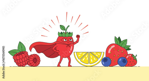 Superhero Fruit Character Design with Raspberries Strawberries and Lemon Segment