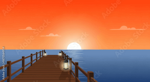 Sunset Over Ocean from Wooden Pier with Lanterns for Serene Scene