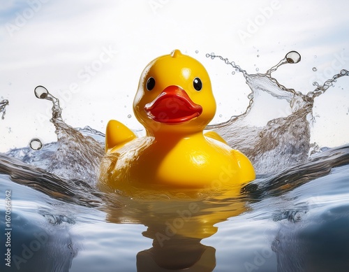 bright yellow rubber duck floating playfully in water during a sunny day outdoors no background white background