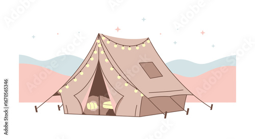 Stylish Campground With Illuminated Tent In The Great Outdoors Illustration