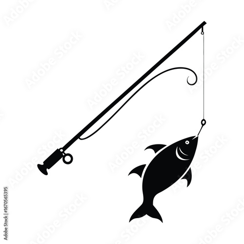 Silhouette of a fishing rod with a fish caught on the hook